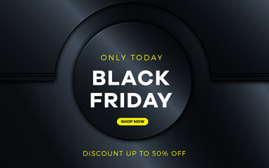 Black Friday banner on dark background textured with paper 3d dynamic shape