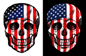 United States Flag Skull illustration on a white and black bacground.