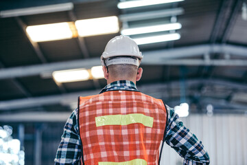 Back view of industrial engineer or factory mechanic worker wear hard hat helmet and protective uniform walks through modern manufacturing facility, standing to check in production warehouse industry