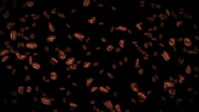 Flying many coffee beans on black background. Caffeine drink, Breakfast, Aroma. 3D animation of roasted coffee beans rotating. Loop animation.