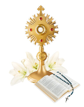 First Holy Communion, illustration with the Scriptures, white lilly and rosary
