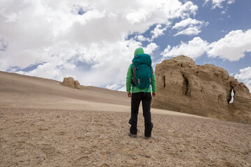 Hiking on sand desert looking at the view