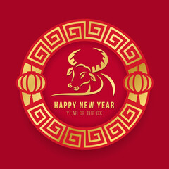 Happy chinese new year banner - gold line drawing ox zodiac in chinese circle frame and lantern on red background