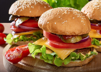 Large Burger with beef Patty on a wooden Board. Burger with tomatoes and pickles. Classic Burger.
