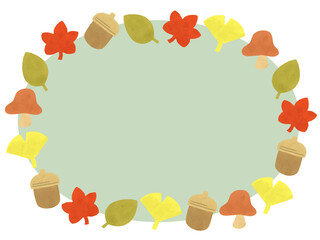 秋の葉っぱときのことどんぐりのフレーム