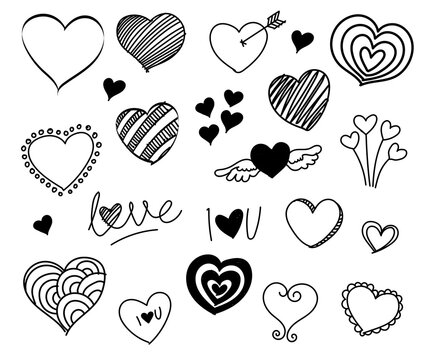 Love heart doodle icon set collection sketch hand drawing pen drawn