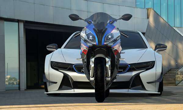 BMW S1000RR motorcycle versus BMW I8 electric sports coupe