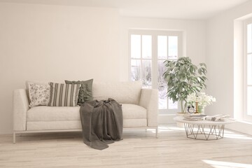 White living room with sofa. Scandinavian interior design. 3D illustration