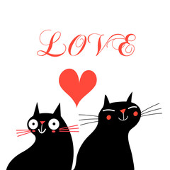 Bright cheerful greeting card with a loving portrait of cats for Valentine's Day