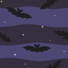 Vector seamless pattern with bats and stars on dark background. For halloween decoration and invitations, fabric, kitchen textile and print, web page background, gift and wrapping paper.