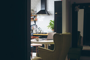 Modern home kitchen interior black wooden door