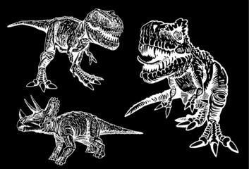 Hand-drawn vector collection of dinosaurs isolated on black background, chalkboard illustration for printing and design