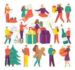 People on winter holidays, Christmas season of gifts isolated vector illustrations set. Man,woman and kids hold xmas gift. Smiling happy girl on presents boxes. Lights and presents.