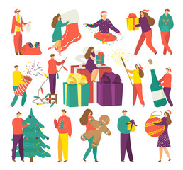 Obraz premium People on winter holidays, Christmas season of gifts isolated vector illustrations set. Man,woman and kids hold xmas gift. Smiling happy girl on presents boxes. Lights and presents.