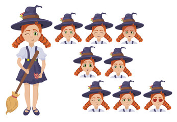 Set of little witche faces with different emotions. Cartoon cute witch with red hair and broomstick. 