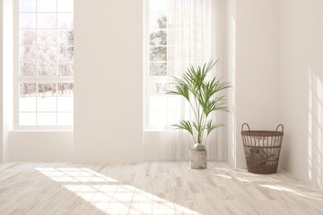 Mock up of empty room in white color with winter landscape in window. Scandinavian interior design. 3D illustration