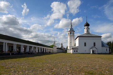 Resurrection church (Voskresenskaya church, 1720) and shopping arcades on Torgovaya (Market) square. Suzdal town, Vladimir Oblast, Russia.