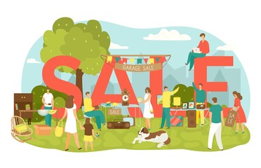 Garage sale in yard with lettering sale vector illustration. People buy and sell housewares, clothing, sporting goods and toys. Old vintage objects and furniture garage sale at flea market.