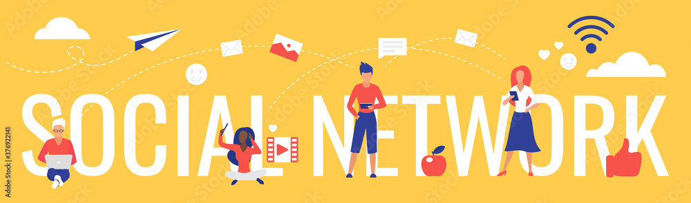 Aufkleber social network lettering vector illustration. cartoon flat concept with user people using smartphone