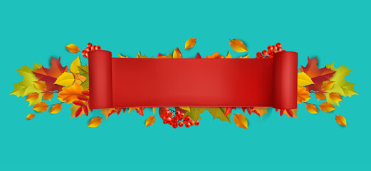 Greetings and gifts for the autumn and autumn season concept. Autumn background, poster and banner template with colorful autumn leaves.