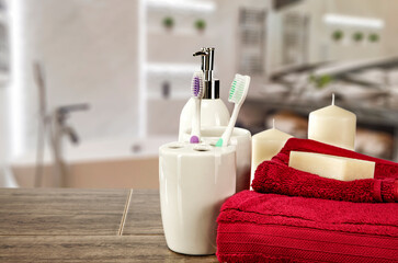 Towels decoration on table and free space for your products. 