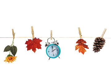 Set your clocks back with this clock, flower, autumn leaves and and pine cone hanging by clothes...