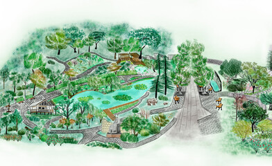 Illustration of a park full of spring greens. Panorama aerial view.
