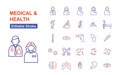 Obraz premium Medical And Health - Thin Line Icons. Editable Stroke. Vector Illustration Flat Design.
