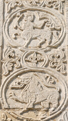 Centaur and lion. Fragment of decoration of St. George's Cathedral (Georgievsky cathedral, 1230-1234). Yuryev-Polsky town, Vladimir Oblast, Russia.