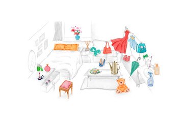 Watercolor Illustration of girl's dreamy house, full of girls' beloved stuff, as toys, clothes, and cosmetics. Isolated on white background.
