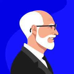 Aged man with glasses in costume profile portrait on blue background. 