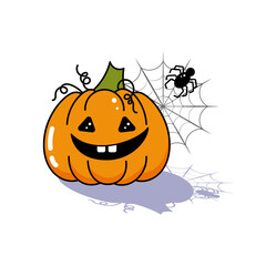 Cute Happy Halloween Smiling Pumpkin with spider and web. Vector Illustration.