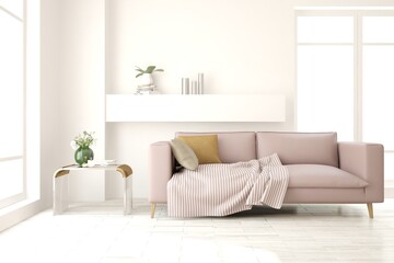 Fototapeta premium White living room with sofa. Scandinavian interior design. 3D illustration