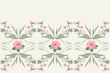 Vector seamless floral border pattern delicate pink flowers on a light pastel background, feminine motive fabric design, postcard, scrapbook, wrapping paper, textile, wallpaper, scarf  Hibiscus flower