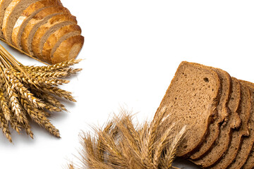 Rustic rye. Fresh loaf of rustic traditional bread with wheat grain ear or spike plant isolated on...