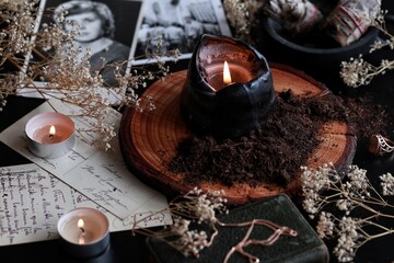 Spell casting on Samhain (Halloween) to contact spirits of dead relatives. Dark and mysterious...