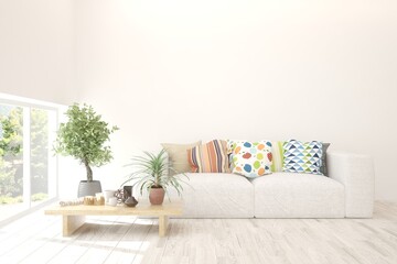 White living room with sofa. Scandinavian interior design. 3D illustration