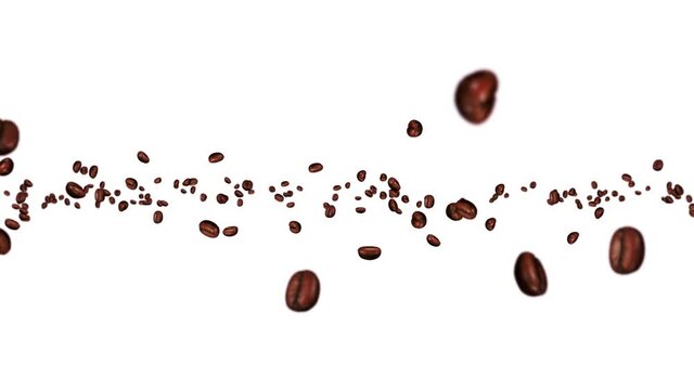 Flying many coffee beans on white background. Caffeine drink, Breakfast, Aroma. 3D animation of roasted coffee beans rotating. Loop animation.