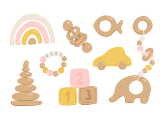 Collection of flat vector wooden toys for babies and toddlers. Cartoon simple style pastel colorful images of child elephant, car, rattles, pacifiers, rainbows and sorters. Montessori accessories
