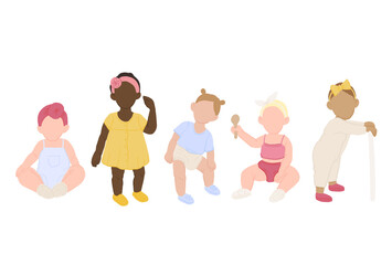 Multiracial toddler children, little girls of different races. Cute fashion sweet happy and healthy baby aged 12 to 36 months wearing pretty cloth. Vector flat style cartoon illustration