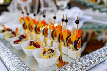 Lot of cold snacks on buffet table. Sweet appetizers. Catering at celebration.