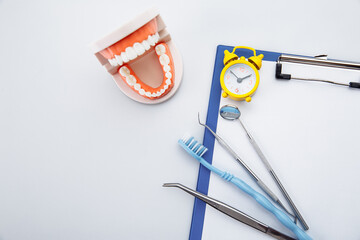 Dental care concept. Healthy tooth model with dental tool on the table.