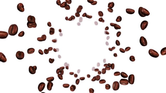 Flying many coffee beans on white background. Caffeine drink, Breakfast, Aroma. 3D animation of roasted coffee beans rotating. Loop animation.