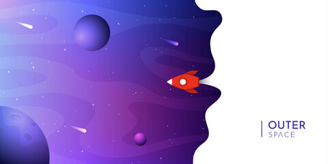 Vector illustration. Panoramic cosmic wallpaper. Abstract concept. Asteroid, planet. Gradient color. Space exploration. Modern art graphics. Elements for web design, poster, banner. Colorful backdrop