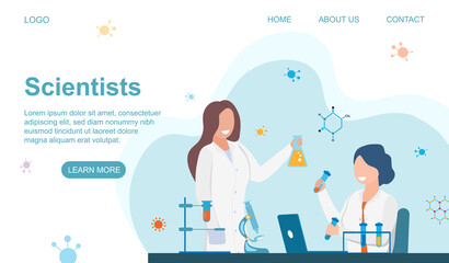 Scientists at Work concept. Two scientists, chemists or biologists working in a laboratory with flasks and test tubes. Web page template. Flat vector illustration