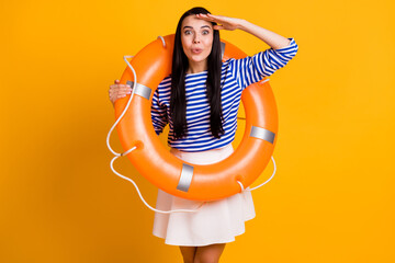 Photo of amazed girl tourist swim have life buoy hold hand face see earth from ocean water wear striped blue white shirt skirt dress isolated over bright shine color background - obrazy, fototapety, plakaty