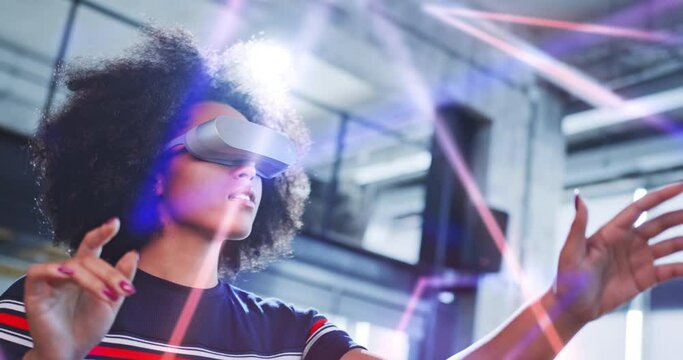 Young African Multicultural Confident Woman Enjoying Virtual Reality World Gaming And Entertainment New Technologies Augmented Reality Mixed Reality VR Technologies Concept Slow Motion 8k RED