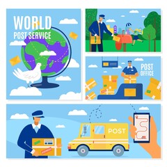 Mail delivery service banners set, postal courier man in front of cargo van delivering package, vector illustration. Mailbox, packaging and transportation around world by postmen.