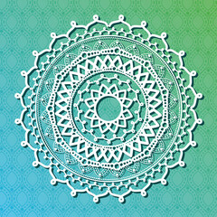 white mandala on green and blue gradient background vector design