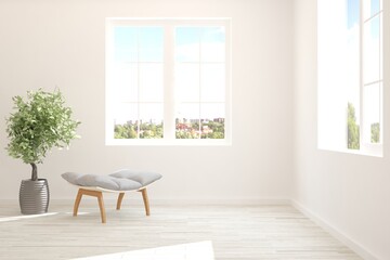 White living room with armchair. Scandinavian interior design. 3D illustration